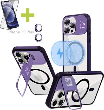 Hoesje voor iPhone 15 Plus met Standaard, Compatibel met MagSafe, Acryl + TPU Case, Hoes ingebouwde Stash Stand-telefoonhoes, Ultradun-Paars - Screenprotector
