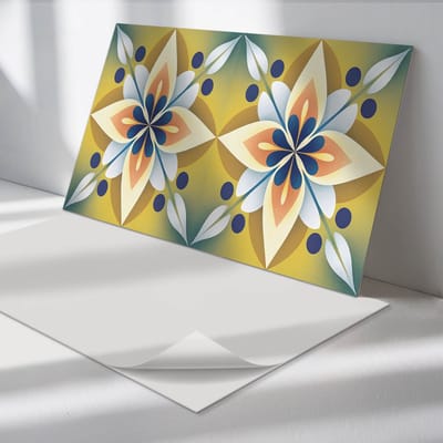 Wallfluent Vinyl Wandpaneel - Bloemenmandalapatroon Zelfklevende Wandbekleding - 100 cm x 50 cm - Geel Vinyl Wandpaneel - 1 stuk - Rechthoekig Wandbekleding Vinyl - Bloemen en planten Wandpaneel - Wandpaneel PVC - Wandpaneel Keuken en Badkamer