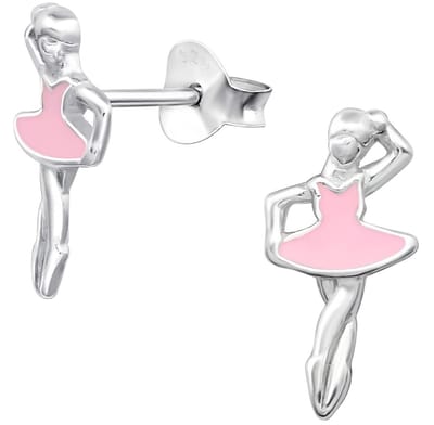 Joy|S - Zilveren ballerina ballet danseres oorbellen - 6 x 12 mm - massief - zilver roze - oorknoppen