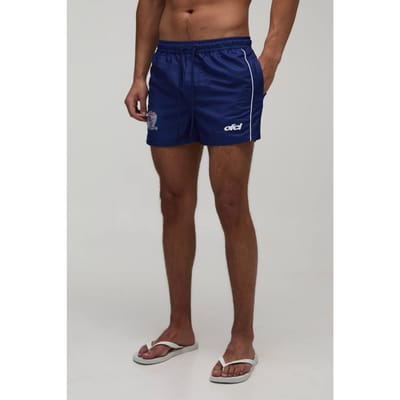 Korte Zwembroek Met Gevoetbalde Biezen En Geborduurd Voetbal | Navy | Size XS