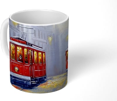 Mok - Koffiemok - Schilderij - Tram - Stad - Olieverf - Mokken - 350 ML - Beker - Koffiemokken - Theemok