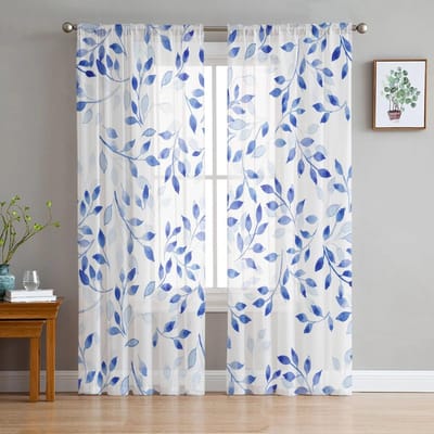 Blauw Abstracte Plant Blad Textuur Slaapkamer Transparante Vitrage Gordijnen Vakantiedecoratie Raam Voile Tule Gordijn 135W x 114H(cm) white