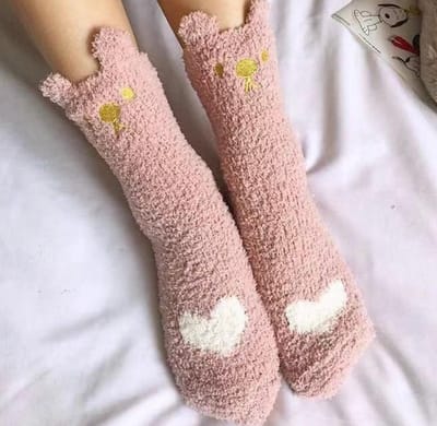 Warme dames sokken - fluffy sokken - winter - dikke sokken - roze / zalm - print kat / oren / hart - 36-40