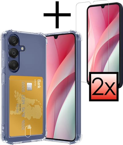 Hoesje - Geschikt voor Samsung Galaxy A15 - Met 2x Screenprotector - Pashouder - Kaarthouder - Telefoon Hoes Shockproof - Siliconen Case - Back Cover - Shock Proof - Pasjes Houder - Transparant