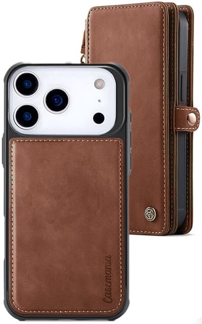 CaseMania Bookcase hoesje geschikt voor iPhone 17 Pro - Effen Cognac - Kunstleer - XXL Bergruimte - Portemonnee met 10 Vakjes voor Pasjes