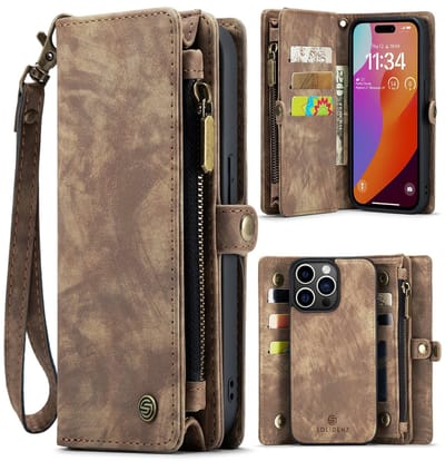 Geschikt Voor iPhone 15 Pro Hoesje - Solidenz Wallet Case 15 Pro - Telefoonhoesje 15 Pro - 15 Pro Case Met Pasjeshouder - Met Ritsvak - Met Polskoord - Portemonee Hoes - Bruin