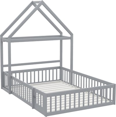 Kinderbed 140 x 200 cm - massief hout - met opbergruimte - volledig beschermd rooster en deur en lattenbodem - grijs - zonder matras