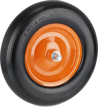 kruiwagenwiel 4.80 4.00-8 - massief rubber - stalen velg - met as - anti-lek - zwart-oranje