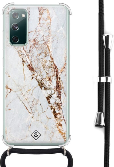 Casimoda® hoesje met koord - Geschikt voor Samsung S20 FE - Marmer Goud - Afneembaar koord - Siliconen/TPU - Goudkleurig