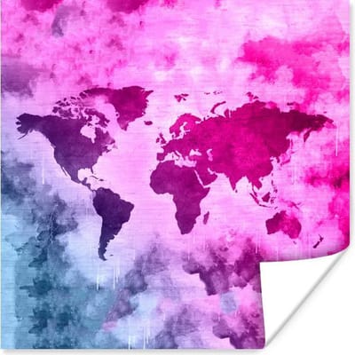 Poster 30x30 cm - Wereldkaart - Roze - Abstract - Posters - Kamer decoratie - Wanddecoratie woonkamer - Muurdecoratie slaapkamer