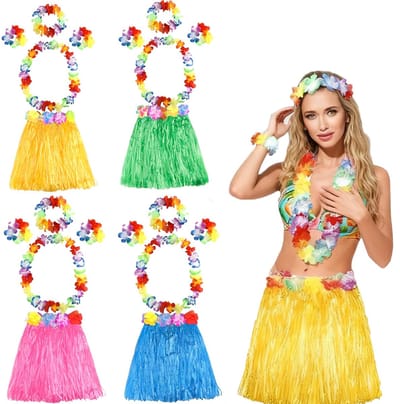 carmdering - Hawaii - Verkleedset - Themafeest - Rokje - Set van 4, met bloemenketting en armbanden - Elastische tailleband (40-75 cm) - Levendige kleuren, wasvast - Lichtgewicht, ideaal voor feestjes en vakantie
