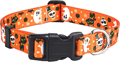 Verstelbare Halloween halsband voor honden met pompoen, vleermuis en spookmotieven