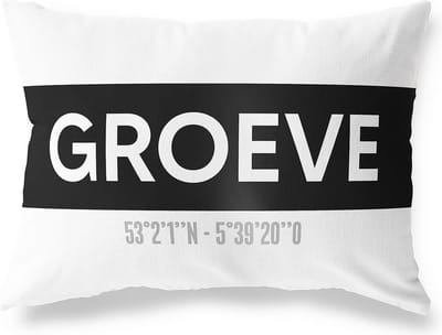 Tuinkussen GROEVE - DRENTHE met coördinaten - Buitenkussen - Bootkussen - Weerbestendig - Jouw Plaats - Studio216 - Modern - Zwart-Wit - 50x30cm