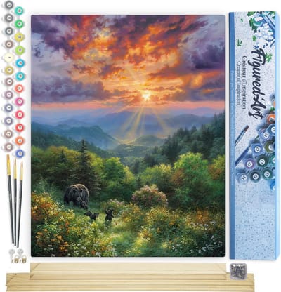 Figured'Art Schilderen op Nummer Volwassenen canvas Beer en zonsondergang - Handwerk acrylverf Kit DIY Compleet - 40x50cm met DIY houten lijst