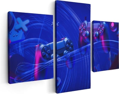 Artaza Canvas Schilderij Drieluik Twee Gaming Controllers - Gamen - 90x60 cm - Wanddecoratie Woonkamer - Schilderijen - Muurdecoratie