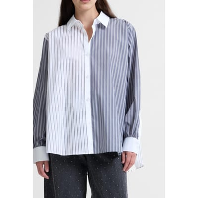 French Connection Cambria Cotton Striped Ls Shir Linen White Grey Mix Maat: S | Longsleeves Outlet | Dames | Grijs