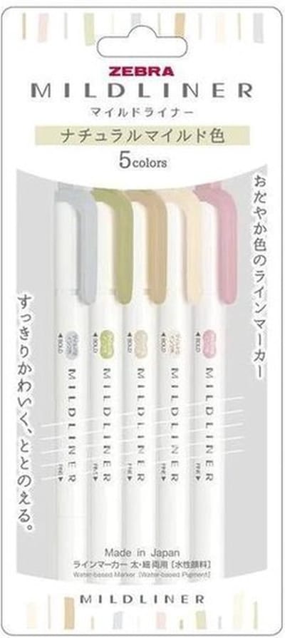 Zebra Mildliner Double Sided Highlighter - New Gentle Colors Set van 5 + EXTRA een Set van 5 Zebra Double Sided Brushpennen
