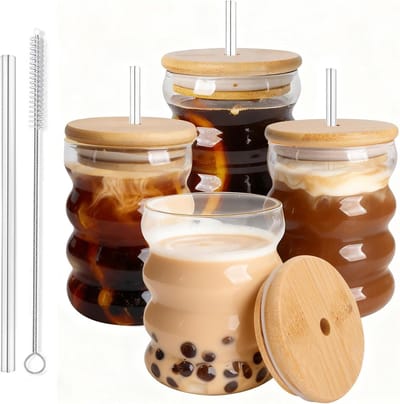 Set van 4 Vintage Glazen voor Cocktails en Iced Coffee, 320ml, Met Houten Deksel - Perfect voor Bier, Water en Whisky