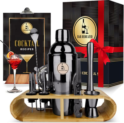 Bar Dedicated Cocktail shaker Set - 16 Delig Zwart - Met Nederlandstalig Receptenboek - Vaderdag Cadeau