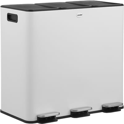 CASABEL 3x20L Recyclingbak, Wit Roestvrij Staal, 60L Pedaalbak, Geurvrij, Recyclingbak met 3 compartimenten