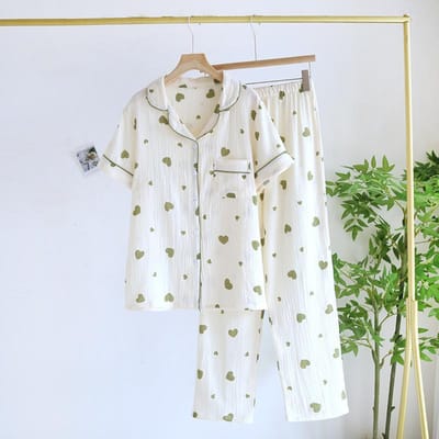 Zomer Nieuwe Dames Pyjama Set 100% Katoen Crêpe Korte Mouwen Broek Tweedelige Set Liefde Dunne Eenvoudige Grote Maat XL white
