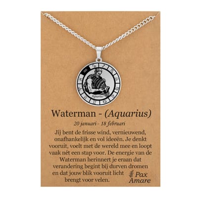 Sterrenbeeld Waterman (Aquarius) Ketting op Cadeau Kaartje - Zilverkleurig - Roestvrij Staal Zodiac Talisman - Stainless Steel - 60cm - Pax Amare