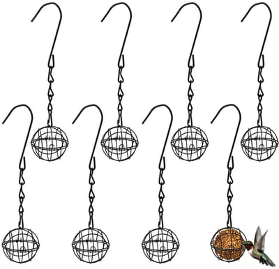 Dailygoods- Vogelvoederbak 7 cm - Metalen Voederhuisje voor Vogels - Hangend Voederhuisje - Set van 8 Vetbalvoeders - Zwart - Duurzaam Ijzer