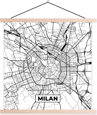 Posterhanger incl. Poster 40x40 cm - Schoolplaat - Kaart - Milaan - Stadskaart - Zwart Wit - Plattegrond - Textielposter - Blanke latten - Stadskaart
