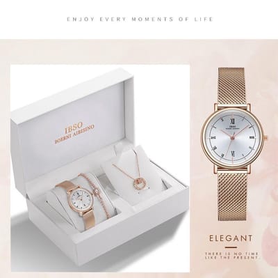 Boerni Aibisino Horloge Romeinse Cijfers, Armband en Ketting Rosé luxe geschenk set luxe geschenk set | Crystal glass | Premium kwaliteit uurwerk Quartz Japan | Mineraal | Geschenk | Fashion | Elegant | Dames | Vrouw |  Black Friday