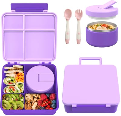 Lunch Box Kinderset met 300 ml thermocontainer voor eten, lekvrij, broodtrommel voor kinderen met 4 vakken, geïsoleerde lunchtas, BPA-vrije thermische lunchbox voor kinderen, school