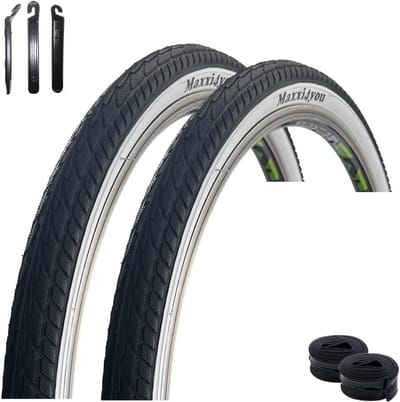 2x Fietsbanden Set 26 x 1.75 (47-559) Zwart/Wit + 2 Binnenbanden DV & Bandenlichter