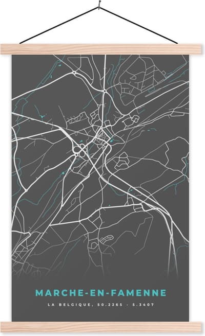 Posterhanger incl. Poster 40x60 cm - Schoolplaat - Stadskaart – Grijs - Kaart – Marche en Famenne – België – Plattegrond - Textielposter - Blanke latten - Stadskaart