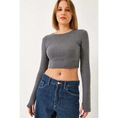 Gestructureerde Ribbels Cropped Blouse met Ronde Hals