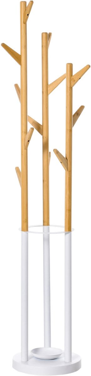 HOMCOM Garderobestandaard met 13 haken paraplubak voor hal metaal bamboe naturel + wit 837-161