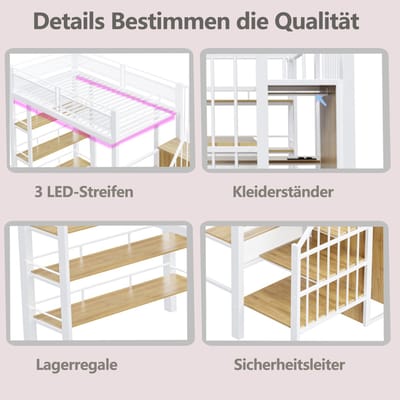 Hoogslaper 90 x 200 cm - met LED-verlichting en stopcontact - met opbergvak en boekenplank - wit - zonder matras