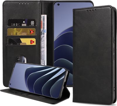Smartphonica Telefoonhoesje geschikt voor OnePlus 10 Pro kunstleren Hoesje met Magnetische sluiting en Pasjeshouders Book Case met Klepje - Zwart geschikt voor OnePlus 10 Pro