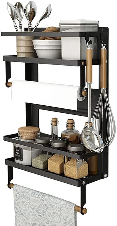Stervia Magnetisch Kruidenrek - Kruidenrek Ophangbaar - 4 Laags - Met Keukenrol Houder/Foliehouder - Inclusief 5 Haken - Zwart - 30 x 11 x 40 cm