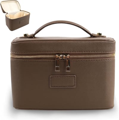 Waterdichte reismake-uptas met vakken en handvat, lederen beautycase voor make-up en accessoires, harde schaal (bruin)