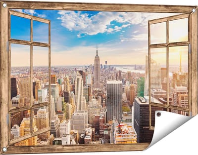 Gards Tuinposter Doorkijk New York Manhattan tijdens Zonsondergang - 90x60 cm - Tuindoek - Tuindecoratie - Wanddecoratie buiten - Tuinschilderij