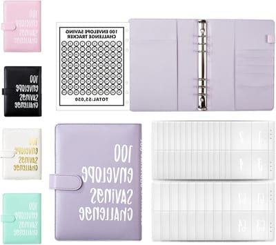 A5 Ringbinder voor Besparingen, Paarse Leren Budget Planner met 100 Enveloppen, Ideaal voor Thuis, School en Kantoor, Financieel Beheer en Spaaruitdagingen