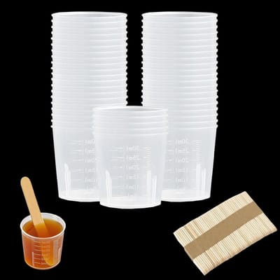 Set van 50 kleine maatbekers van 30 ml met schaalverdeling - ideaal voor koken, bakken en laboratoriumgebruik, inclusief houten roerstaaf en handschoenen