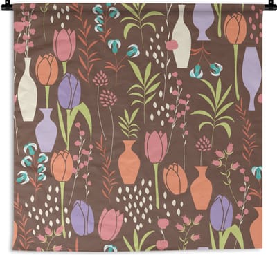 Wandkleed - Wanddoek - Bloemen - Vaas - Patronen - 90x90 cm - Wandtapijt