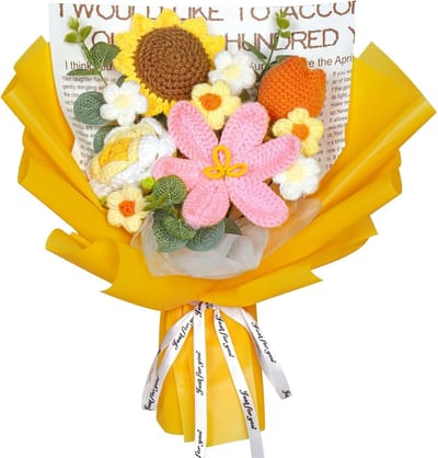 Handgemaakt Boeket met Gehaakte Bloemen, Kunstmatige Tulpen, Zonnebloemen en Rozen voor Moederdag, Verjaardag en Thuisdecoratie (Oranje)
