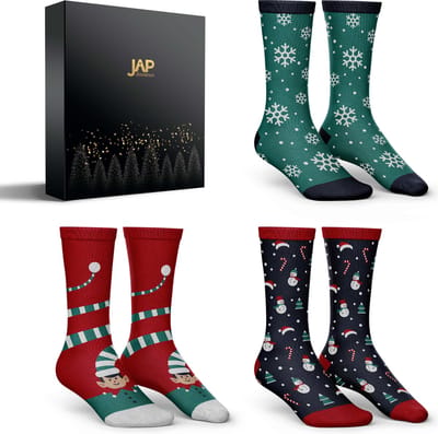 JAP Christmas - 3 Paar Kerstsokken met Cadeauverpakking - Happy kerst sokken voor dames, heren en kinderen - Grappige Huissokken voor mannen en vrouwen - Giftbox socks - Maat 36 tot 40