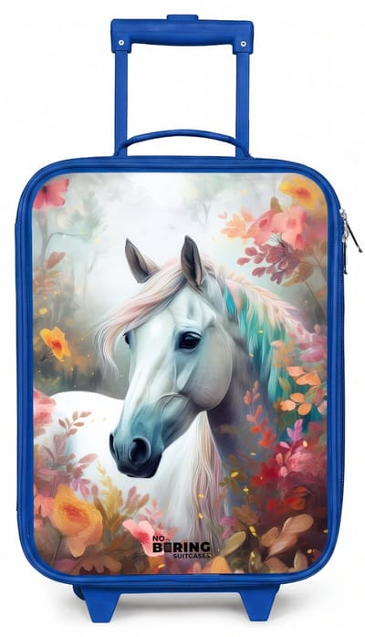 NoBoringSuitcases.com® - Kinderkoffer blauw - Kindertrolley jongen - Wit paard omringd door bloemen - Koffer kind lichtgewicht - Reiskoffer trolley voor kinderen - Koffertje met lichtgevende wieltjes - Rolkoffer