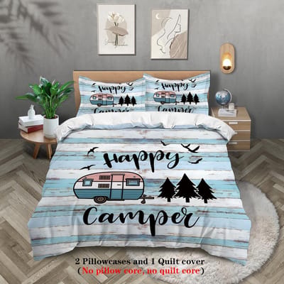 3-delige beddengoedset met happy camper-patroonprint, geschikt voor tiener- en volwassen slaapkamer, kamperen, 1*dekbedovertrek+2*kussensloop 140x210cm-AU-Single