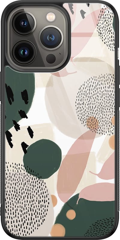 Hoesje geschikt voor iPhone 13 Pro Max - Abstract print - Luxe Glazen Hardcase - Hippe print - Bruin - Leuke Telefoonhoesjes