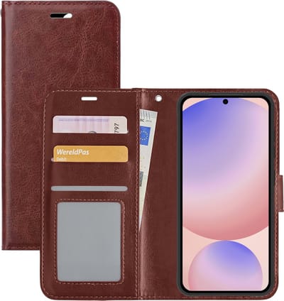 Hoesje - Met Pasjeshouder - Geschikt voor Samsung Galaxy S24 FE - Luxe Bookcase Portemonee - Flip Case - Kunstleer Book Case - Flipcase - Book Cover - Walletcase - Portemonneehoes - Bruin