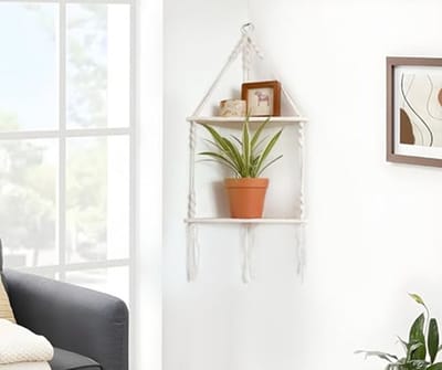 Zwevende planken - Boho Hoekplank - 2 stuks - Zwevende hoekplanken voor aan de muur - Wandplanken voor decoratieve opslag – Plantenrek voor Woonkamer, Badkamer en Slaapkamer – Beige