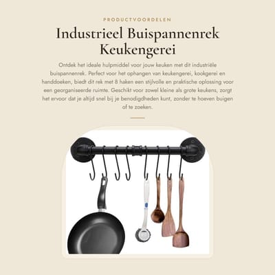 Dailygoods- Buispannenrek 40 cm - Wandmontage - 8 Haken - Keukengerei Organizer - Handdoekhouder - Duurzaam en Stabiel - Pannenrek